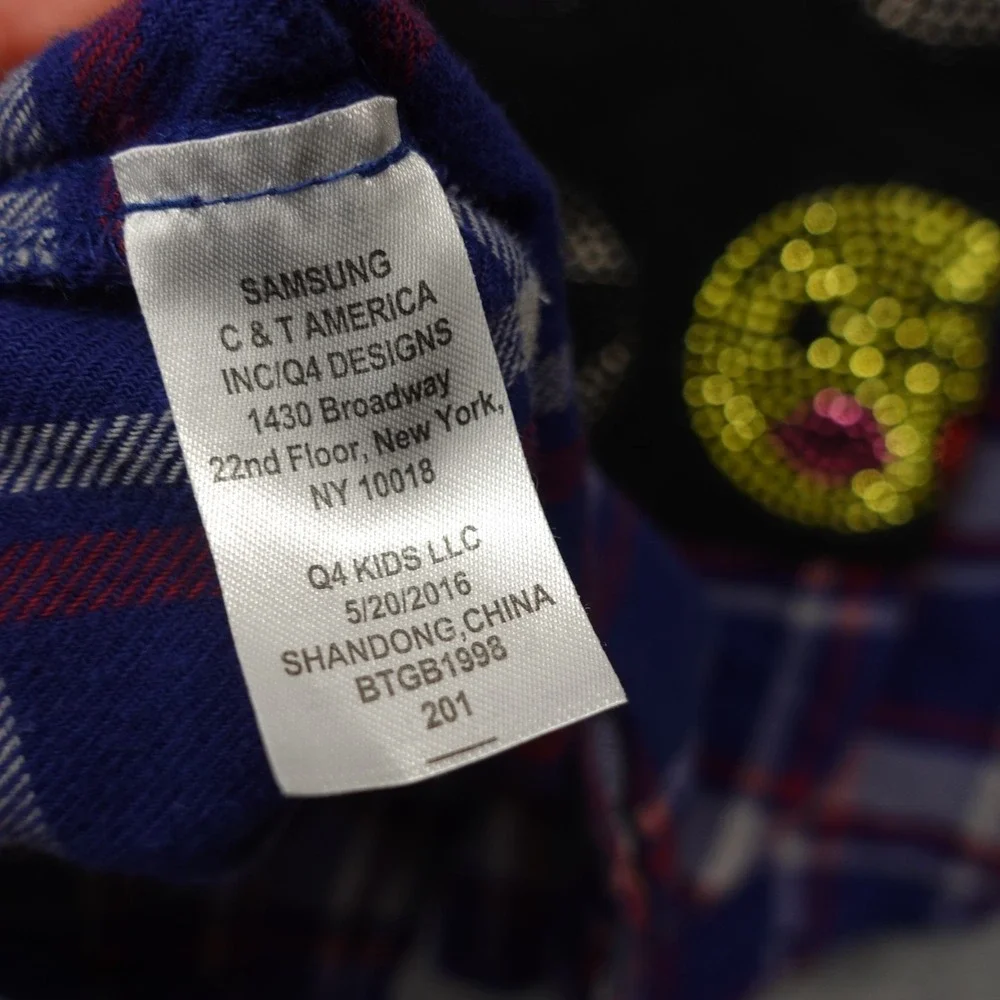 Girls Flannel Shirt Rhinestone Emoji L Blue Plaid Smiley Patch Pearl Snap BUTTER